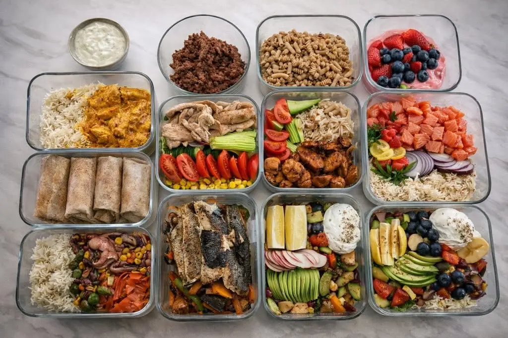 Balanced meal preparation with fish, chicken, grains and vegetables