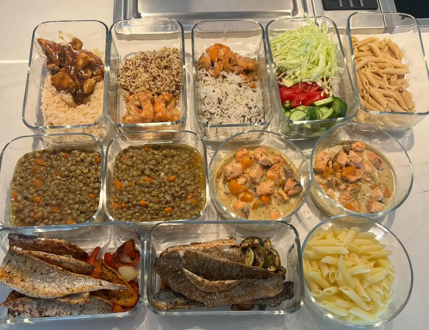 Prepared fish, lentils, pasta and salads